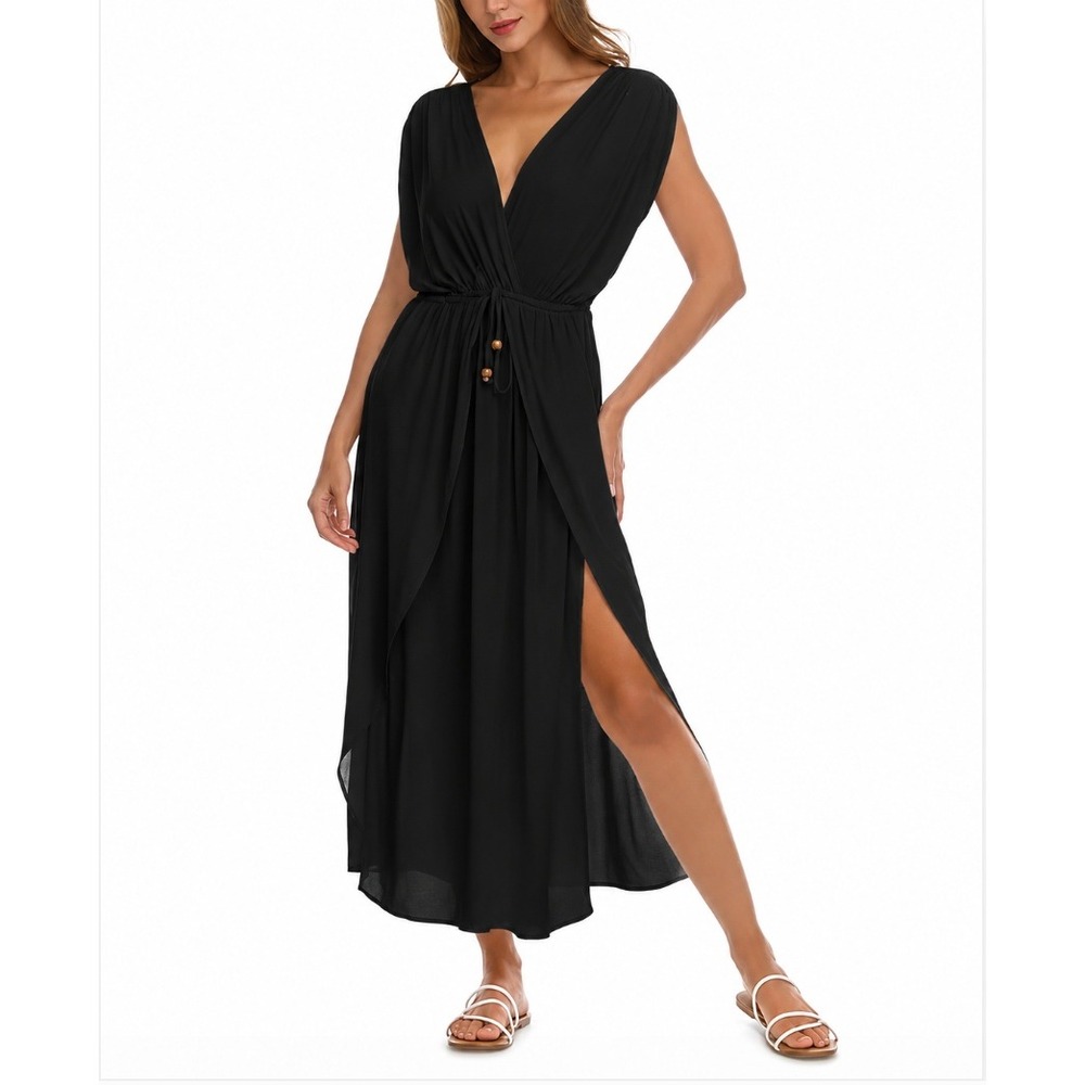 NWT Raviya Maxi Dress Women Black V-Neck Pleated Drawstring Waist 3X $60
